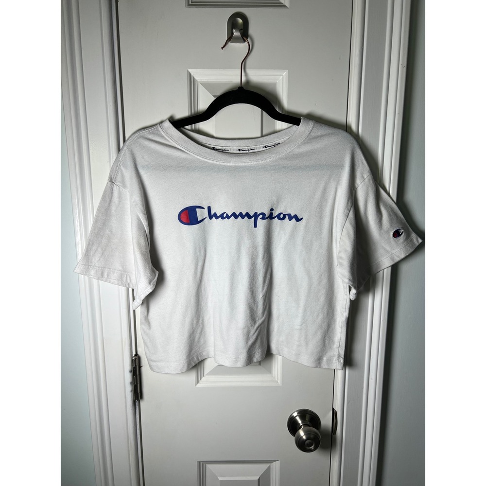 Champion Womens White Script Logo Cropped T-Shirt Short Sleeve Small W5505G